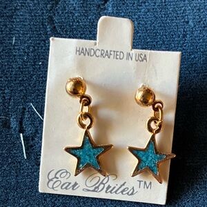 Gold Star Dangle Earrings with Teal Enamel Stars